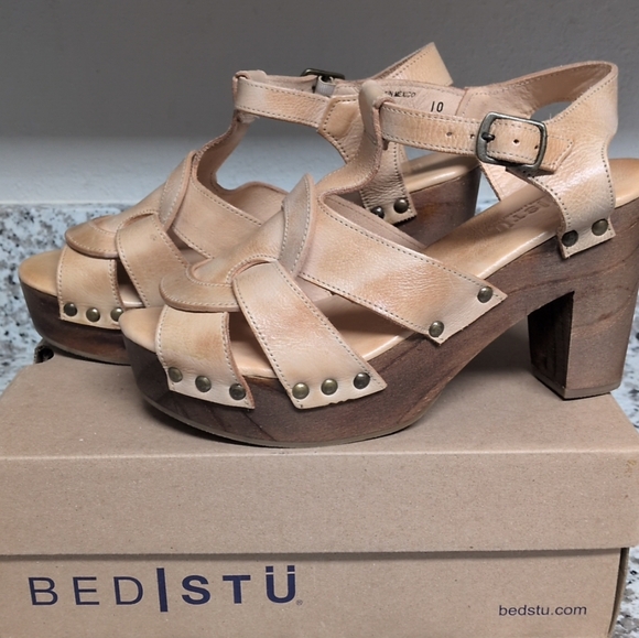 BedStu Caitlin Platform Sandals Rustic Sand Tan Sz 10 Genuine Leather Heels - Picture 8 of 13
